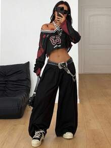 Coolane Áo thun thể thao nữ tay dài dáng rộng cổ chữ V họa tiết chữ và họa tiết mới, màu trắng - Đỏ và đen - Xem 5