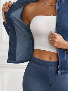 Flexra Áo khoác denim dáng ôm, giặt thường ngày, có khóa kéo phía trước dành cho nữ - Rửa tối - Xem 8