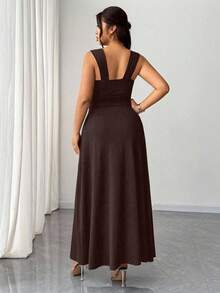 Elenzga 大码女式纯色扭结V领高开衩高弹力针织派对鸡尾酒会百搭时尚2025新款连衣裙 - 棕色 - 查看 2