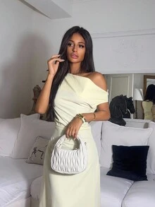 Ronhire Elegant Asymmetric Shoulder Ruched Waist A-Line Dress, Minimalist Commuting Solid Color Slimming Dress,Summer Dresses For Women Dresses For Wedding Event