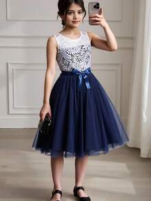 Tween Girls Fashionable Elegant Sweet Contrast Color Splicing Mesh Dress Summer Holiday - Navy Blue - View 1