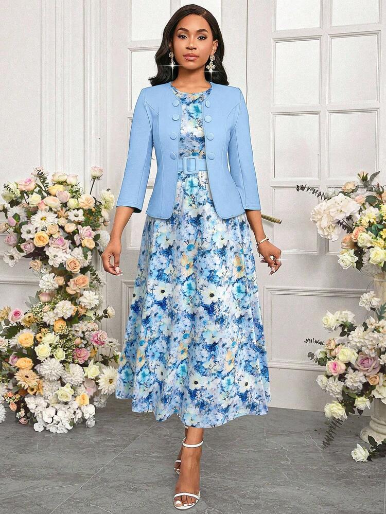 SHEIN Lady 2025 New Elegant Two Pieces Blue Multi-Color Jacket Paired With A Long Printed Women's Dress For All Seasons Fall & Winter  Clothes For Women  Chic Women's Set Halloween Christmas Women's Clothing Business Casual Woman Going Out Outfit - Blue - View 6