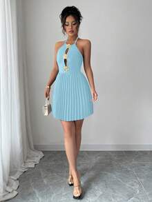 Selianne Elegant Gold Pleated Backless Halter Mini Dress - Baby Blue - View 5
