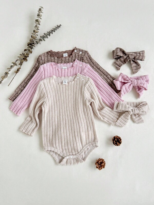 SHEIN 3pcs/Set Newborn Baby Girls Cute Solid Color Soft Comfortable Ruffled Romper & Headband Set, Suitable For Autumn/Winter, Indoor & Outdoor Wear Fall