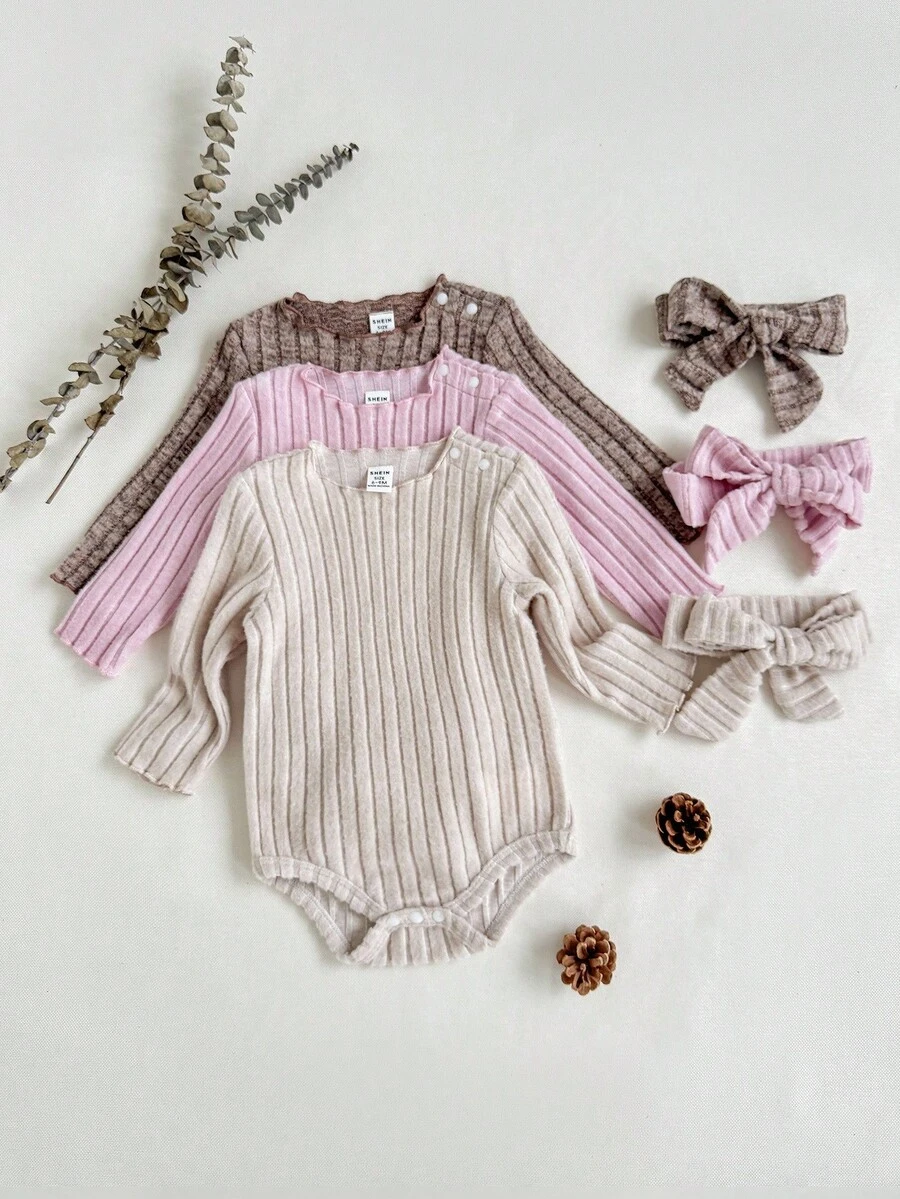 SHEIN 3pcs/Set Newborn Baby Girls Cute Solid Color Soft Comfortable Ruffled Bodysuit & Headband Set, Suitable For Autumn/Winter, Indoor & Outdoor Wear Fall