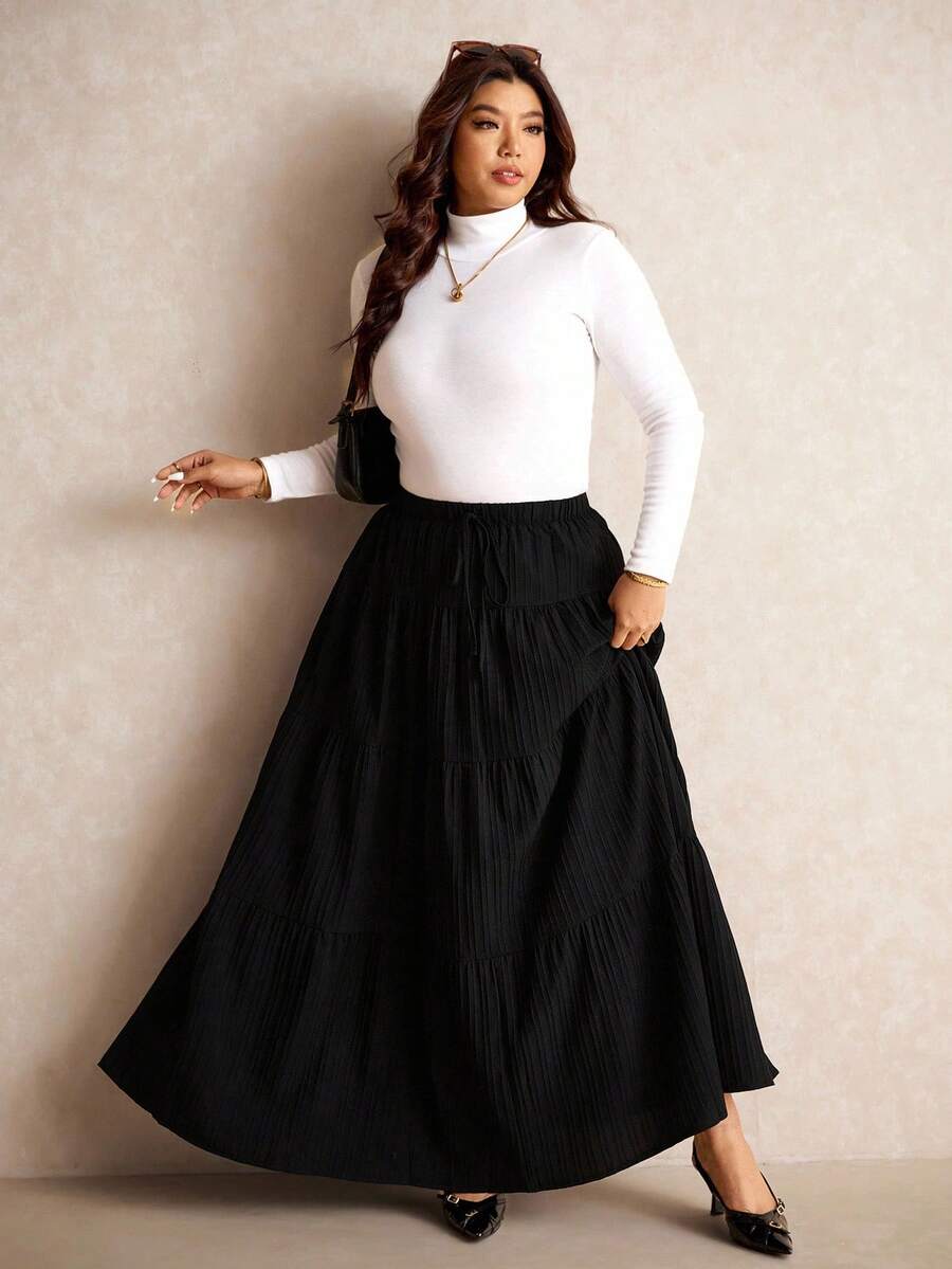 Elaquor Saia Casual Evasê com Cintura Elástica e Babado na Barra para Mulheres Plus Size, Conjunto Casual Feminino, Saia Casual, Roupas de Inverno para Mulheres - Preto - Visão 1