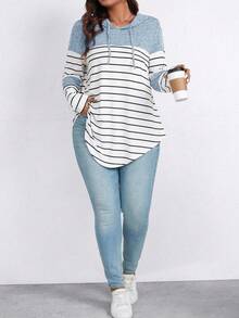 Linhara Plus Size Color Block Striped Hooded Casual T-Shirt Graphic Tees Women Tops Fall Cloth For Women - Blue - View 3