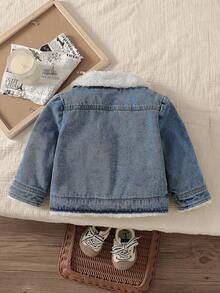 SHEIN Playful Pals 男婴经典蓝色复古牛仔翻领长袖开衫，保暖内衬设计更显时尚，适合休闲外出、居家休闲、聚会场合 - 藍色 - 查看 2