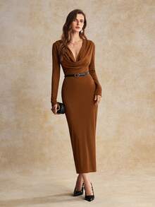 House of One Low V Drape Neck Long Sleeve Rid Knit Long Dress Women Autumn Casual Elegant Wear - Brown - View 6