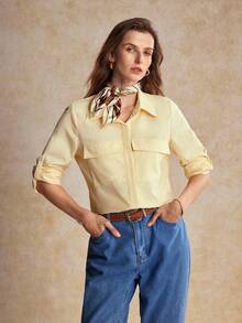 House of One Collared Button-Up Long Sleeves Blouse Top With Pockets Women Casual Autumn