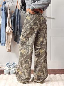 SHEIN Tall Tall Waist Maple Leaf Camouflage Print Washed Straight Leg Jeans - Multicolor - View 2