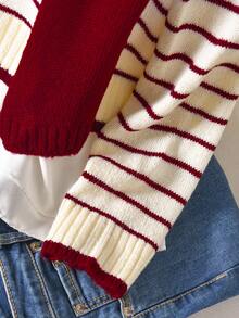 CosyJoli Plus Size Women Fashion Casual Daily 2 Pieces Set, V-Neck Pullover Sweater & Scarf, Versatile Peach Striped Design Fall Sweater V-Neck Sweater Women Pullover Sweater Striped Sweater Women Striped Sweater