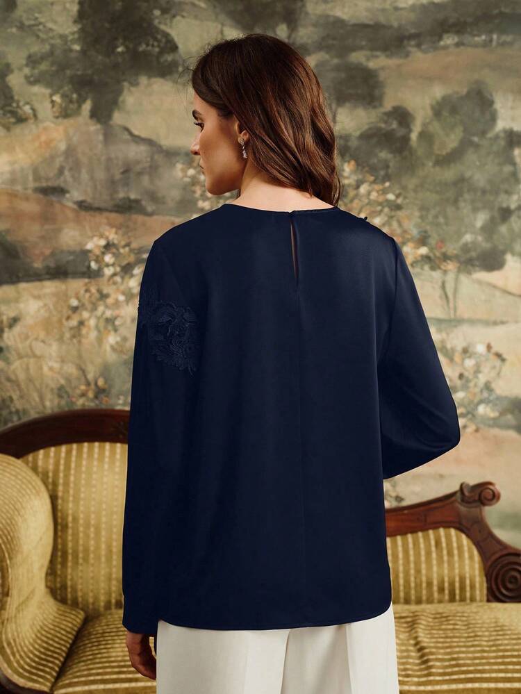Women's Chiffon Patchwork Elegant 3D Floral Sheer Long Sleeve Blouse