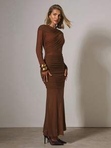 COSMINA Women's Elegant Party Banquet Ruched Mesh Dress, Autumn/Winter - Brown - View 7