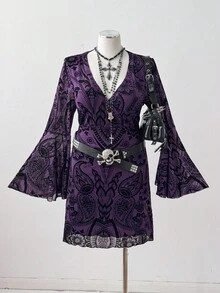 Sunspun Đầm ôm sát tay loe cổ chữ V tay dài hở vai họa tiết Paisley thời trang ngọt ngào, thanh lịch, cỡ lớn - Nhiều màu - Xem 9