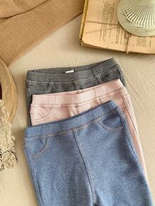 SHEIN LMoss Kids LMoss 少女纯色针织打底裤和紧身休闲套装 3 件套，适合少女 - 黑色 - 查看 6