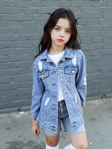 青少年女孩 Y2K 风格牛仔夹克和外套，秋冬新品，浅蓝色水洗做旧撕破串珠正面修身休闲牛仔夹克，适合青少年女孩