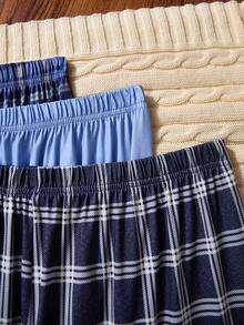 男士休闲格子睡裤三件套，舒适家居服，秋冬服装