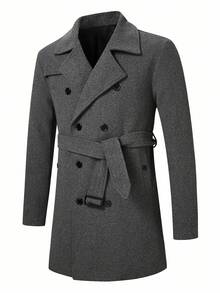 Calvornis 男士休闲百搭纯色双排扣羊毛混纺大衣，秋冬 - 深灰色 - 查看 3