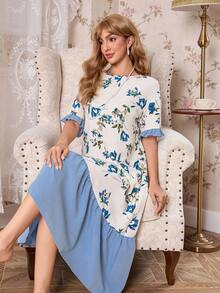 Bubble Wrinkle Floral Print Color Block Ruffle Hem Women Long Nightgown - Multicolor - View 1