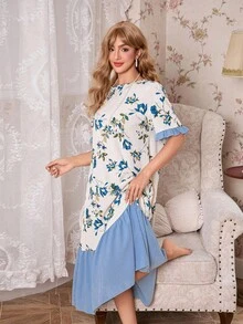 Bubble Wrinkle Floral Print Color Block Ruffle Hem Women Long Nightgown - Multicolor - View 7