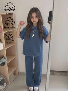 SHEIN Tween Girl Blue Summer Casual School Crew Neck Drop Shoulder Washed Top And Pants Loose Denim Set,Suitable For Daily Travel,Outdoor,Tea Party - Medium Wash - View 1