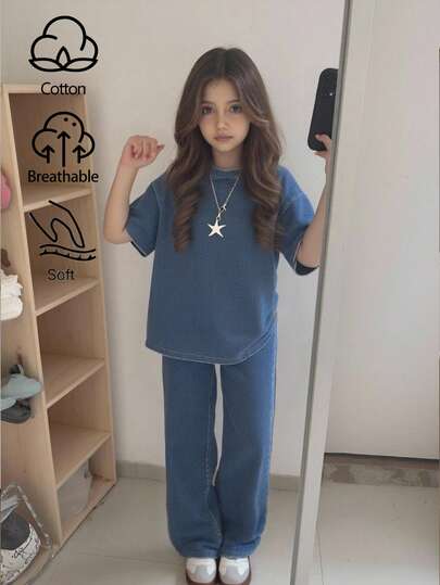 SHEIN Tween Girl 圆领落肩洗水上衣和裤子宽松休闲牛仔套装，适合日常旅行、户外、居家、早午餐、茶会、机场穿着