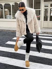 SHEIN Tall Brown Faux Fur Exaggerated Collar Coat In Fall/Winter - Brown - View 7