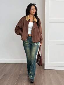SHEIN PETITE Áo khoác cổ điển thường ngày dành cho nữ, Thu/Đông - màu nâu - Xem 9