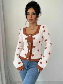 Elenzga Casual Colorblock Heart Jacquard Knit Cardigan, Autumn/Winter - Apricot - View 5