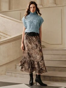 Savoree Classic Solid Color Rhinestone Embellished Turtleneck Knit Sweater Vest, Suitable For Fall, Autumn, Winter, Elegant, Chic, New Year, Casual, Christmas, Luxury