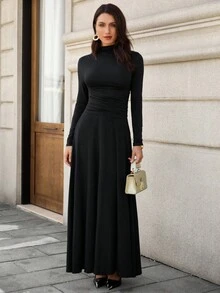 EMERY ROSE Bộ 2 áo thun dài tay cổ đứng thanh lịch cho nữ và chân váy dài dệt kim, Thu/Đông - màu đen - Xem 6