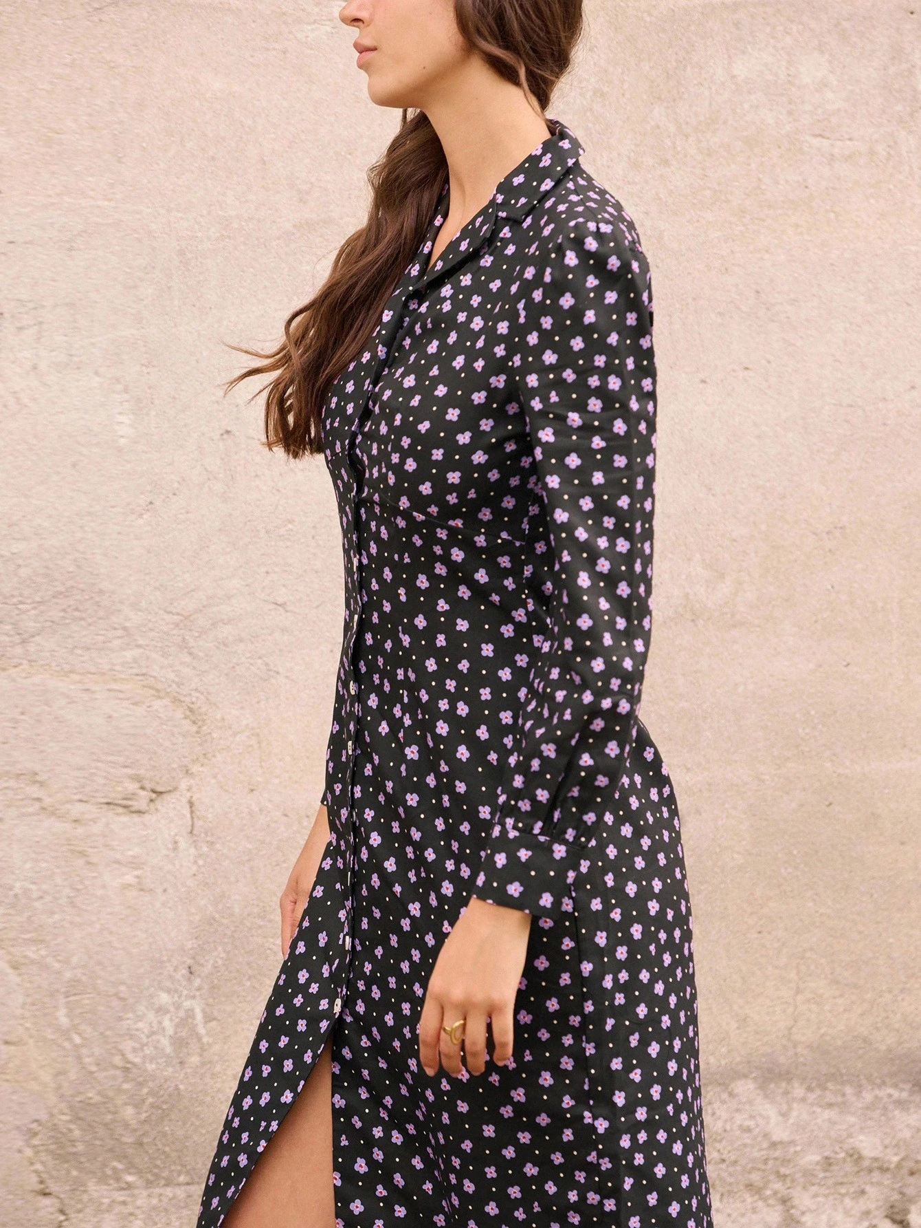Vestido Camisa Midi com Estampa Floral Miúda Roxa, Roupas Femininas de Outono e Inverno