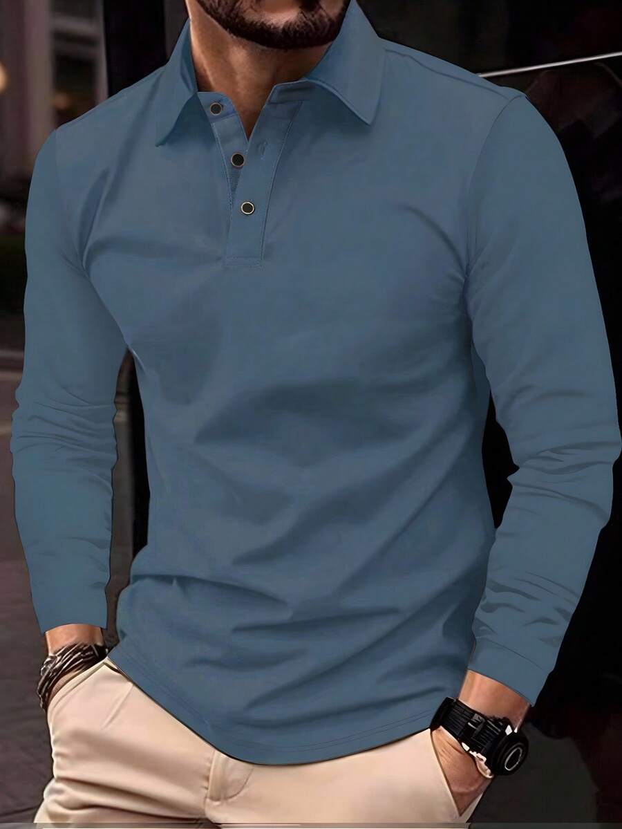 Manfinity Homme Men's Casual/Business Commute Simple Long Sleeve Polo Shirt, Spring/Autumn, Perfect Holiday Gift For Boyfriend & Husband - Teal Blue - View 1