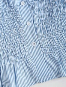 Sweetra 女式蓝白条纹腰衬衫，秋冬 - 藍白色 - 查看 3