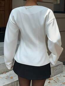 SHEIN EZwear Áo khoác Blazer tay loe cổ chữ V, eo bó mới dành cho nữ, màu trắng, mùa thu/đông - trắng - Xem 2