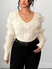 Elenzga Plus Size Women V-Neck 3D Floral Long Sleeve Pullover Sweater, Autumn Fall Winter Cloth For Women