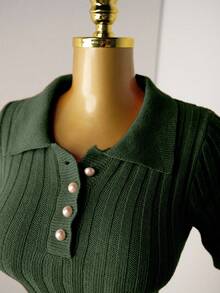 Mistrie 女式针织珍珠纽扣罗纹橙色褶皱迷你连衣裙，短袖性感紧身简约毛衣裙 - 綠色 - 查看 3