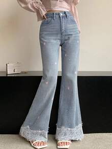 Joudiya Quần Jeans Ống Loe Ôm Dáng Quyến Rũ Cho Nữ, Quần Thường Ngày Có Viền Ren Rỗng, Họa Tiết Hoa Thêu Chắp Vá - Rửa nhẹ - Xem 5
