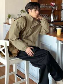 DAZY Áo khoác nam cổ đứng khóa kéo màu trơn thường ngày, phong cách đường phố thời trang, mùa thu - Màu Khaki - Xem 3