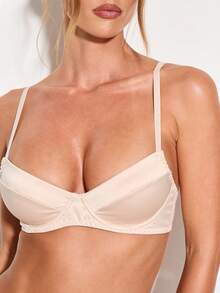 KIZN Butter Yellow Satin Bra And Panty Set Underwire Balconette Lingerie Adjustable Straps High Cut Thong Intimate Sleepwear Women Undergarments Honeymoon Essentials - Khaki - View 5