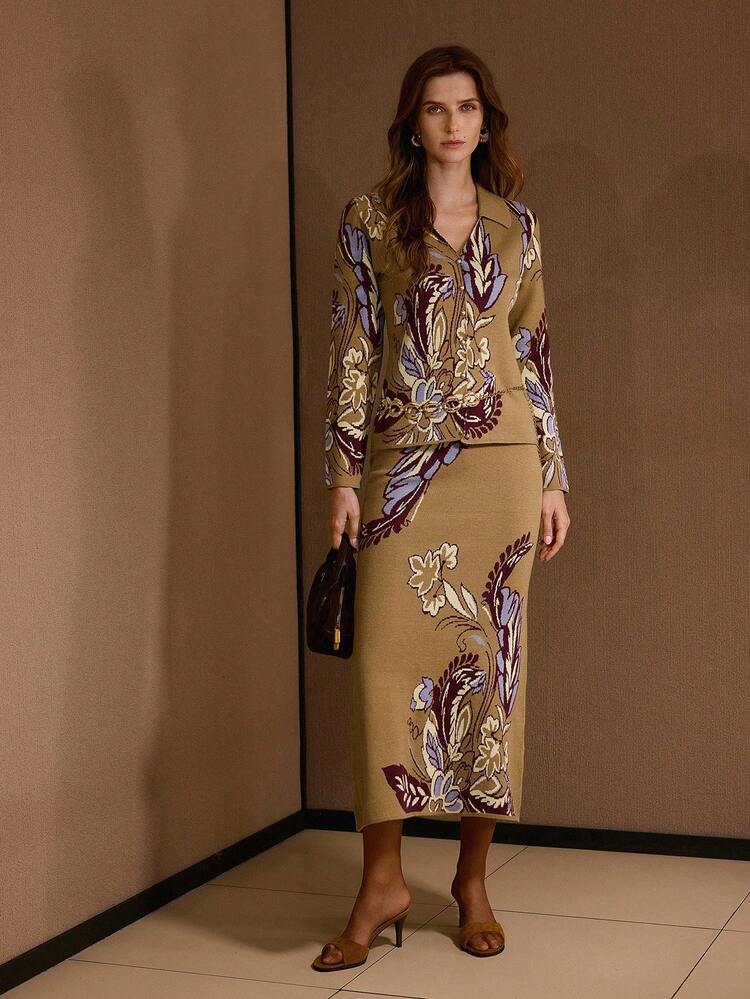 ALL OVER PRINT BUTTON UP TOP & SLIM FIT SKIRT SWEATER CO-ORD