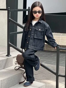 DAZY 2 件套年轻女孩复古水洗牛仔上衣和宽松休闲裤牛仔套装秋冬