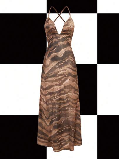 Shutterstock Y2Kool Vestido largo de mujer con estampado animal sexy y salvaje, vestido marrón con estampado de tigre, vestido midi marrón con tono terroso, vestido con estampado animal, vestido largo de fiesta, colección de ropa de estilo nuevo para Año Nuevo