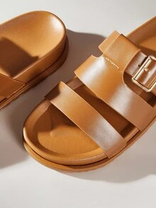 Solecia 2025 Summer New Arrival Women's Fashion H-Shape Black Rivet Platform Soft Bottom Sandals, Hook And Loop Closure, Versatile Strap Non-Slip Open Toe Flat Sandals - Brown - View 5