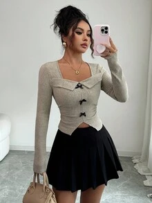 Elenzga Women's Square Neck Bow Asymmetrical Long Sleeve T-Shirt - Apricot - View 6