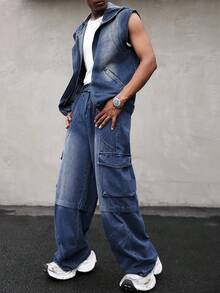 Manfinity EMRG 复古美式宽松连帽背心和直筒牛仔裤两件套 - 藍色 - 查看 5