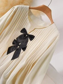 CosyJoli Blusa de manga larga con cuello en V, plisada, con volantes y lazo decorativo, blusa con lazo, blusa de mujer color crema con lazo, blusa elegante con pliegues, blusa de mujer - Albaricoque - Ver 3