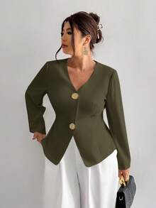 Firerie 女士休闲简约时尚金属扣西装外套，适合秋冬季通勤、工作、返校季 - 軍綠色 - 查看 1