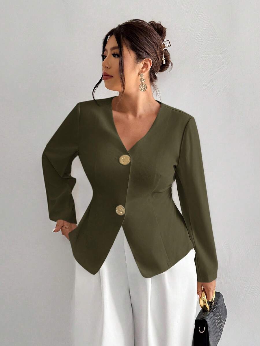 Firerie 女士休闲简约时尚金属扣西装外套，适合秋冬季通勤、工作、返校季 - 軍綠色 - 查看 1
